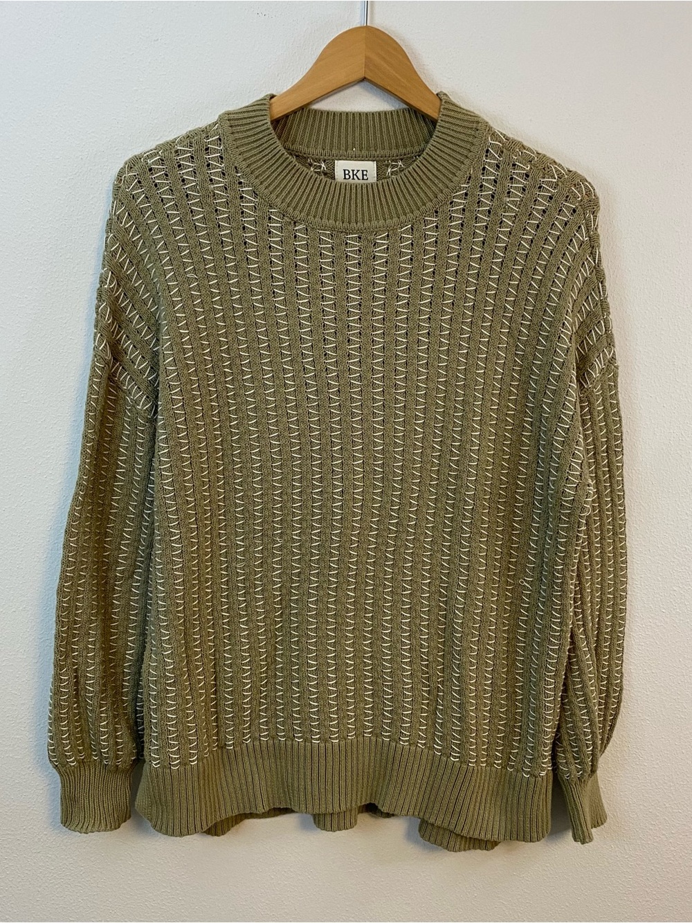 BKE Olive Green and Cream Open Knit Crewneck Sweater Women’s‎ XS